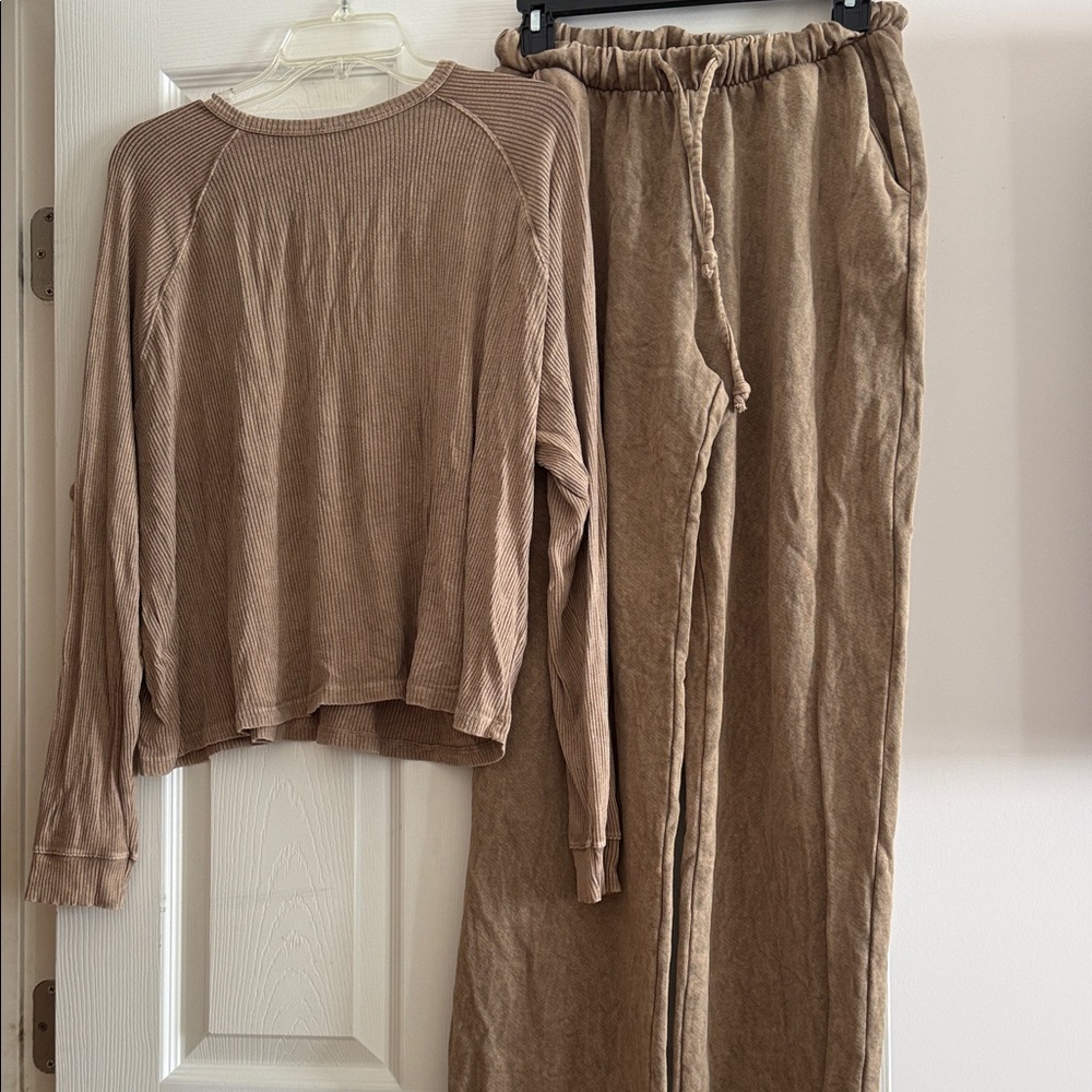 Cozy Taupe Ribbed Long Sleeve Top & Drawstring Lounge Pants Set